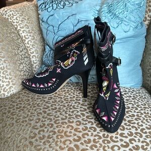 New embroidered faux leather Bohemian stiletto ankle bootie